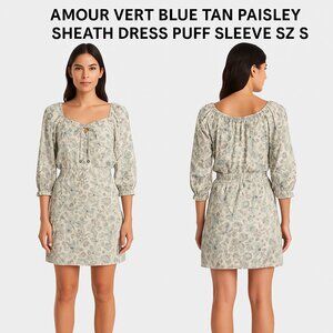 Amour Vert Blue Tan Paisley Sheath Dress Puff Sleeve Sz S